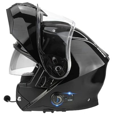 Image of ViPER RSV191 Flip up Motorcycle Helmet with Blinc Bluetooth Modular Double Visor Motorbike Helmets Microphone Dual Speaker for Hands &amp; Noise Free Automatic Answering ECE/ACU Gold Approved (Black,X