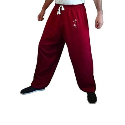 Image of Kung Fu Pants Tai Chi and Wing Chun Bottoms Style for Women Men Sport Trousers Light Smooth (Burgundy KF, Size XL)