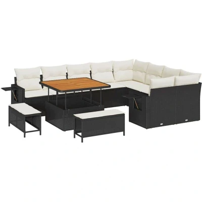 Image of vidaXL 12 Piece Garden Sofa Set with Cushions Black Poly Rattan Acacia