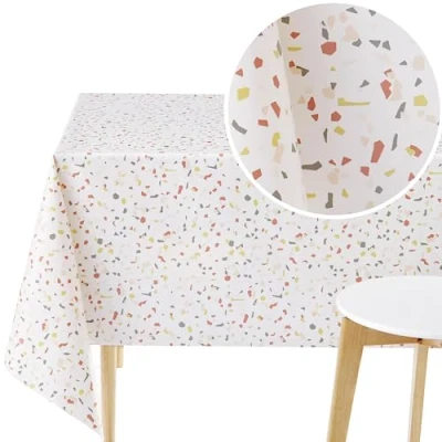 Image of KP HOME PVC Wipe Clean Table Cloth Rectangular 250x140 cm / 98x55 In Wipeable Tablecloth Up To 8 Seats Waterproof Vinyl Oilcloth Multicolored Terrazzo Pattern on Cream White Background