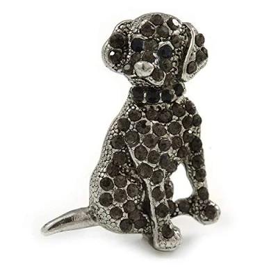 Image of Avalaya Dim Grey Crystal Dog Brooch in Silver Tone Metal 35mm L