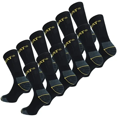 Image of Caterpillar 12 Pairs Men&#039;s Work Socks Accident Prevention Reinforced Heel and Toe Cotton Sponge (Black, 6 11)