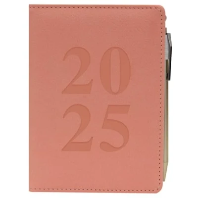 Image of 2025 A6 Day a Page Appointment Diary with Pen Tabbed Monthly Index Planner Soft Touch Casebound Covers Full Year UK Organiser Journal (Pink)
