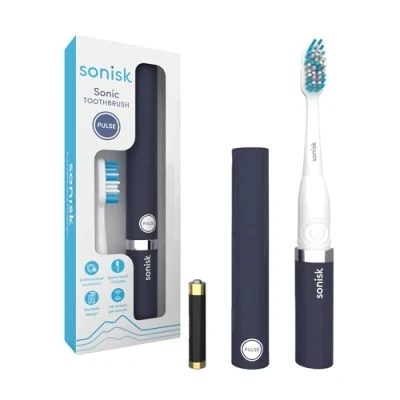 Image of Sonisk Pulse Battery Powered Electric Toothbrush Portable Travel Size with Antimicrobial Sonic Technology 1x Battery, 2X Brush Heads, Case Included (Matte Black)