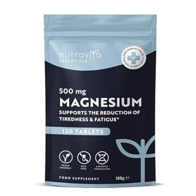 Image of Magnesium Supplements 500mg 120 Vegan High Strength Tablets 4 Month Supply Supports Muscle Function, Tiredness, Energy, Bones, Nervous System Letterbox Friendly UK Made Nutravita