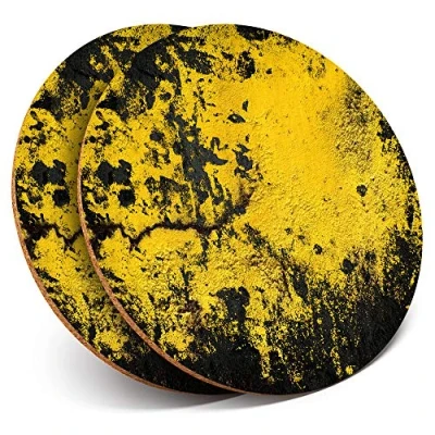 Image of 2 x Round Coasters Yellow Black Paint Cork Backed Home Kitchen Accessory Tea Coffee Mug Mat #3829