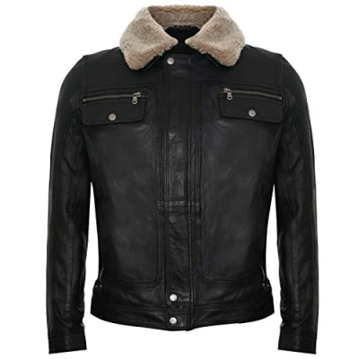 Image of Men&#039;s Black Leather Jacket Trucker Removable Sheepskin Sherpa Collar Casual Jeans Coat M