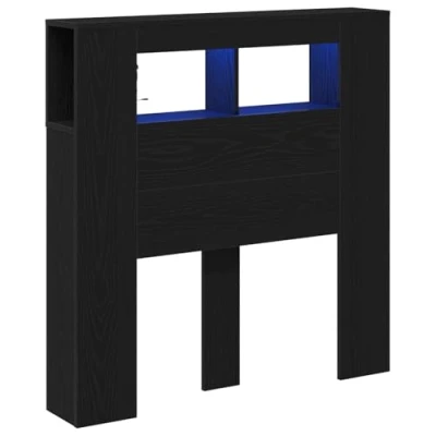 Image of vidaXL Black Oak Engineered Wood Headboard with LED Lights Bedroom Bed Backdrop Floating Shelves Sleek Matte Rectangular Design 100x18.5x40cm