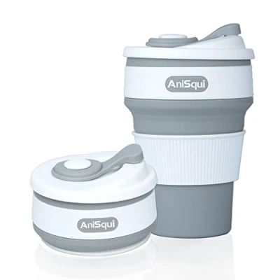 Image of Collapsible Coffee Cup Silicone with Lids (12oz 350ml, BPA Free Eco Reusable Cup), Portable Cup, Foldable Mugs Fits in Your Pocket by AniSqui (Gray)