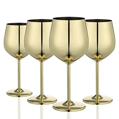 Image of WOTOR Gold Wine Glasses Set of 4, 540ml/18oz Unbreakable Goblet, Stainless Steel Glass, Fancy, Unique and Portable Metal Glass for Outdoor, Travel, Camping, Pool