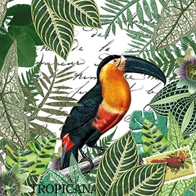 Image of 20 napkins in toucan on jungle leaves animals summer 33 x cm