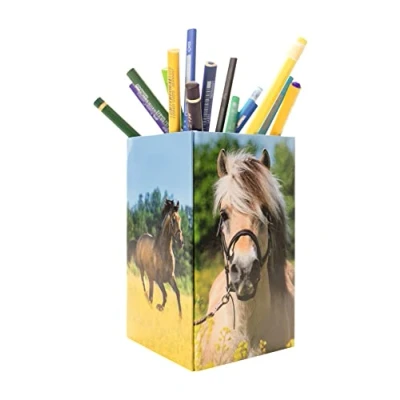 Image of HERMA 19734 Pencil Holder with Horse Motif, Foldable, Sturdy Cardboard, Desk Pen for Girls &amp; Boys, Rectangular Cup Colouring Pencils, Markers, Makeup Brushes