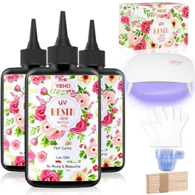 Image of YIEHO 300g UV Resin Kit with Light Upgraded Crystal Clear Hard Curing Premixed Epoxy Starter Supplies for Art Craft Beginner Jewelry Making Lamp