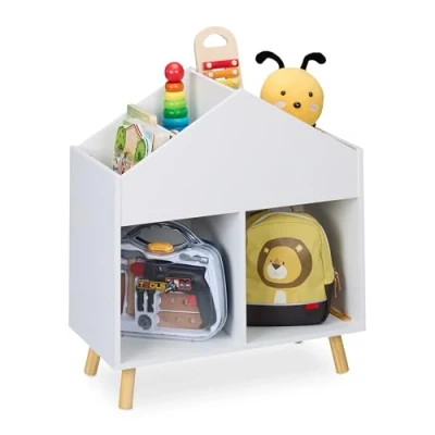Image of Children&#039;s Shelf, House Shape, HxWxD: 67 x 60 30 cm, 6 Compartments, Kids Toy Storage Unit, White/Natural Relaxdays