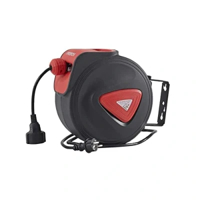 Image of Arebos Cable Reel, 20m + 1.5m, Wall Mounted, 180 Swivel, Overheating Protection, Black/Red, Model AR HE AKA20