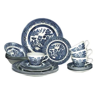 Image of Churchill Plates Bowls Cups 20 Piece Dinnerware Set Blue Willow