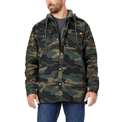 Image of Dickies Men&#039;s Fleece Hooded Duck Shirt Jacket With Hydroshield Work Utility Outerwear, Hunter Green Camo, L UK