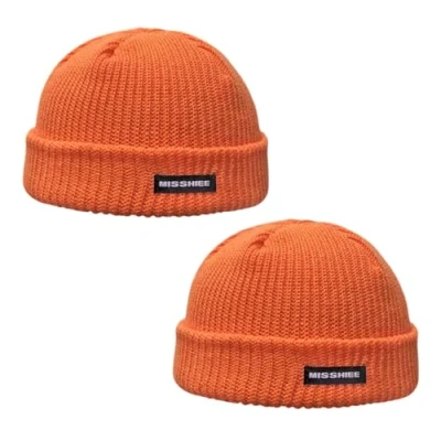 Image of TUONYIS 2 Pieces Orange Beanie Hat,Fisherman Beanie,Knitted Winter Hat,Unisex Warm Woolen hat Cold Hat,Winter Pullover for Walking Cycling Hiking Outdoor Activities (UK, Alpha, M, L, Orange)