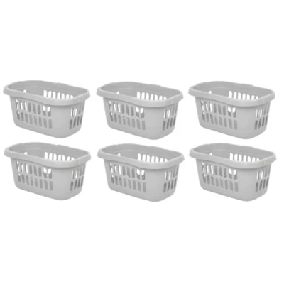 Image of Laundry Basket Large Strong Plastic Washing Clothes Storage Hamper Oval Hipster Integral handles Silver/Soft Grey Pack of 6