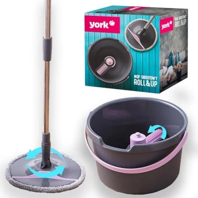 Image of YORK Roll&amp;Up Wet Dry Mop with Bucket, Telescopic Handle, Innovative Wring Function, Folding Plate, Cover Velcro Cleaning Set, Clean Every Angle of Your Home, Grey and Pink, 4072830 001831