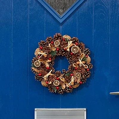 Image of Marco Paul Christmas Pine Wreath Garland Ornaments Classical Autumn Decor with Cones, Orange, Berries and Cinnamon Decorations 30cm Xmas Hanging Indoor, Outdoor Decoration