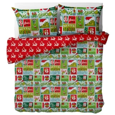 Image of Christmas Duvet Cover Dr. Seus The Grinch Bedding Double Bed Set With Pillowcases Microfibre (200x200cm), Soft Easy Care Linen Xmas Gift For Lovers (Double 200x200cm)