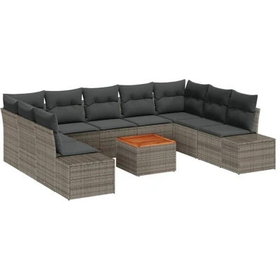 Image of vidaXL 10 Piece Garden Sofa Set with Cushions Grey Poly Rattan Acacia