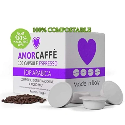 Image of Amorcaffe 100 Compostable Compatible Coffee Capsules Pods for Lavazza A Modo Mio Top Arabica taste Plastic free