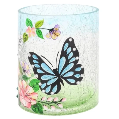 Image of Shudehill Giftware Crackle Tealight Candle Holder Large Stained Glass Design with Blue Butterfly and Floral Pattern, Home Decor for Table, Mantles or Centerpiece 12x10cm