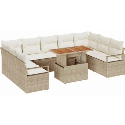 Image of vidaXL 10 Piece Garden Sofa Set with Cushions Beige Poly Rattan