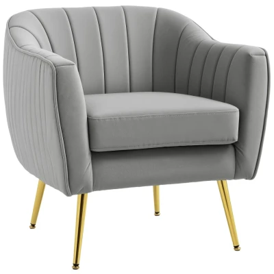 Image of HOMCOM Velvet Tub chair, Luxury Accent Chair with Golden Metal Leg, Comfy Upholstered Armchair Thick Padded Seat for Living Room, Grey