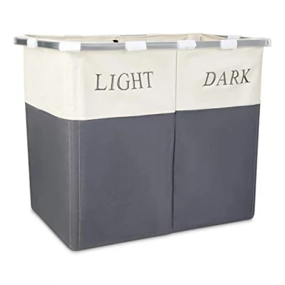Image of Vinsani Lights and Darks Folding Laundry Sorter Basket Box Bag Bin Hamper Washing Cloths Storage 2 Compartments, Metal Grey