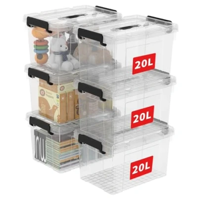 Image of Cetomo 20L*6 Storage Boxes, Carry Plastic Box with Lids, Organizing Container Handle and Secure Latching Buckles, Stackable, Nestable, Tote Bin for Home Office Clothes, 20L 6Pack, Clear
