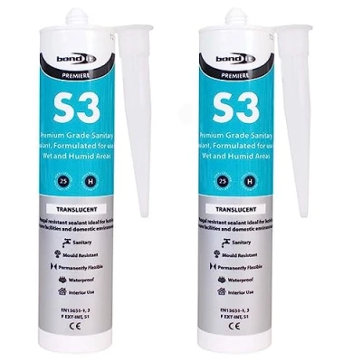 Image of Bond it 310ml S3 Grade Sanitary Silicone Sealant High Performance Bathroom Bath Kitchen Sink Shower Anti Mould Window Fungal Resistant Premium EU3 (Transluscent, 2)