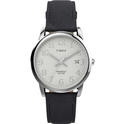Image of Timex Men&#039;s Easy Reader 35mm Watch, Black Leather Strap White Dial Silver Tone Case