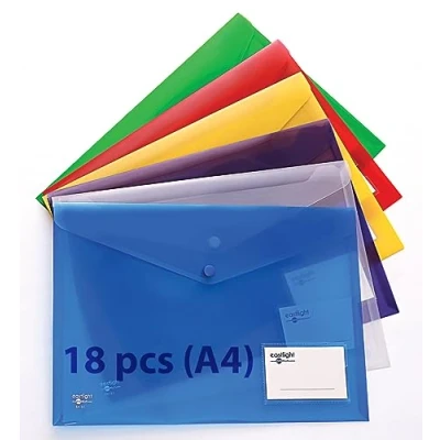 Image of Eastlight A4 Plastic Popper Document Folder Wallet with Pocket Assorted Colours Pack of 18