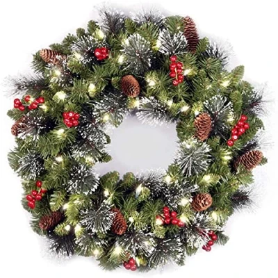 Image of Pre Lit Artificial Christmas Wreath for Front Door, Xmas with Pine Cones, Berry Clusters, Frosted Branches, Decor Indoor Outdoor Home Decorations (50cm/20inch)