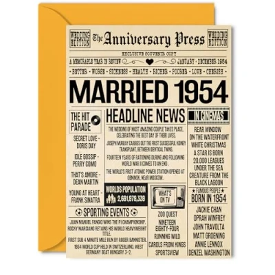 Image of 70th Anniversary Cards for Men Women Married 1954 Newspaper Happy 70 Wedding Card Husband Wife Grandma Grandad Nan Vintage Retro 1954, 5x7 Inch Greeting