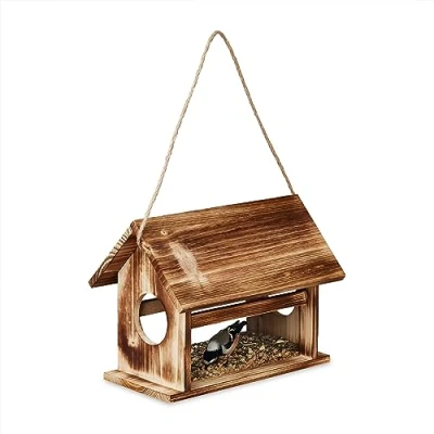 Image of Relaxdays Bird Feeder, Flamed Fir Wood, to Hang or Place Outside, Wildlife Feeding Station, HWD: 24 x 30 21 cm, Brown