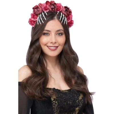 Image of Smiffys Red Rose &amp; Skeleton Hand Headband, Halloween Fancy Dress Accessory, Day of The Dead Up Hats