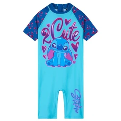 Image of Disney Girls One Piece Swimming Costume, Full Kids Swimsuit Gifts (Blue/Navy Stitch, 11 12 Years)