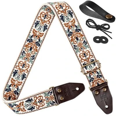 Image of Amumu Retro Embroidered Guitar Strap for Acoustic, Electric, and Bass Guitars, Brown Spades Heart Design with Soft Cotton webbing Top Grain Cowhide Leather Ends 2&quot; Wide