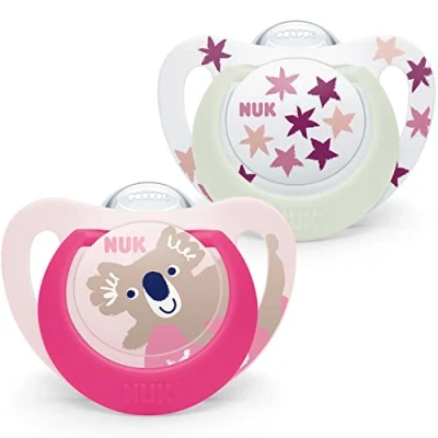 Image of NUK Star Night &amp; Day Baby Pacifier 6 18 Months Glow in The Dark Soothers BPA Free Silicone Pink Koala 2 Pieces