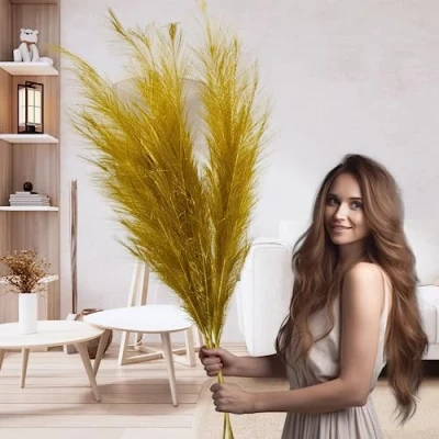 Image of Large Gold Pampas Grass For Bedroom Decor Faux Artificial Tall Vase Floor Fake Plant Living Room Accessories Ornaments Feathers 3 Stems