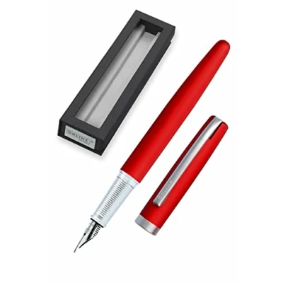 Image of Online Eleganza Fountain Pen I Satin Red Nib Size M Metal Clip Includes Ink Cartridge for Standard Cartridges Or Converter In Gift Box