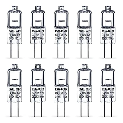 Image of BAJCR G4 Halogen Bulb 10W, 10 Pack Dimmable Light for Under Cabinet Puck Light, Chandeliers, Track Lighting, AC/DC 12 Volt, T3 JC Type Bi Pin Base, Warm White 2800K