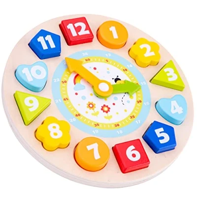 Image of New Classic Toys 18252 Wooden Clock Puzzle, Learn to Count, Educational Color Perception Toy for Preschool Age Toddlers Boys Girls
