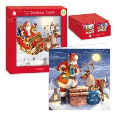 Image of Giftmaker Pack 10 Square Christmas Cards 2 Santa Sleigh Designs