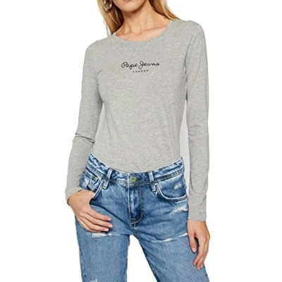 Image of Pepe Jeans New Virginia Women&#039;s T Shirt Slim Fit Long Sleeve Grey (Grey Marl), M