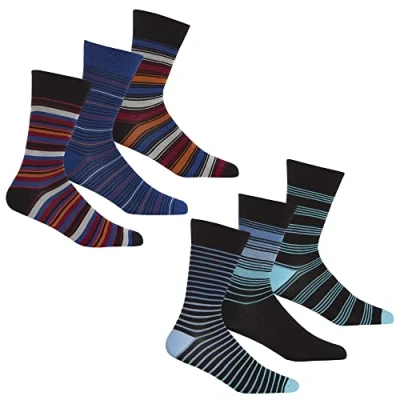 Image of 6 Pairs Mens Striped Bamboo Fabric Socks Anti Bacterial Mid Calf Size 11 Red Blue